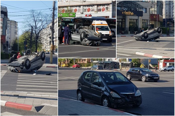 Accident în intersecția de la Casa de Cultură, mașină răsturnată