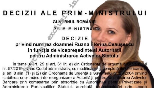 Ruana Florina Ceaușescu, fostă ziaristă, membră PMP și inspector în Consiliul Județean Constanța, a ajuns vicepreședinte al Autorității Naționale pentru Administrarea Activelor Statului