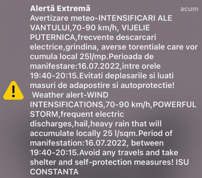 Mesaj Ro-alert de vreme rea în Constanța