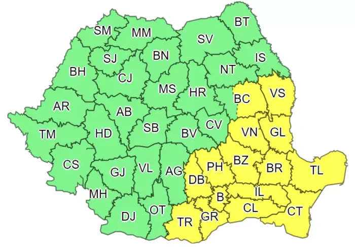 Cod galben de vreme rea în Constanța și Tulcea