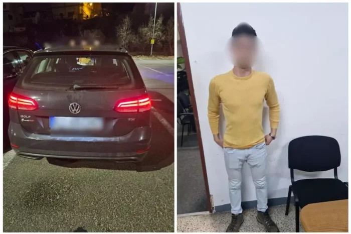 Un individ fără permis conducea prin parcare cu un tânăr pe capotă